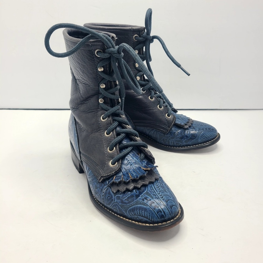Laredo Boots Kiltie Lace Up Roper Gray Blue Leather Western Sz‎ 6.5 Steampunk
